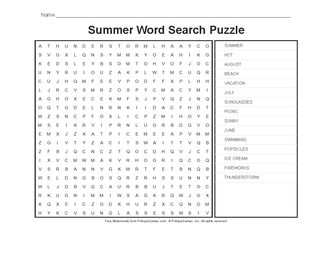 Summer Word Search For Kids Free Printable