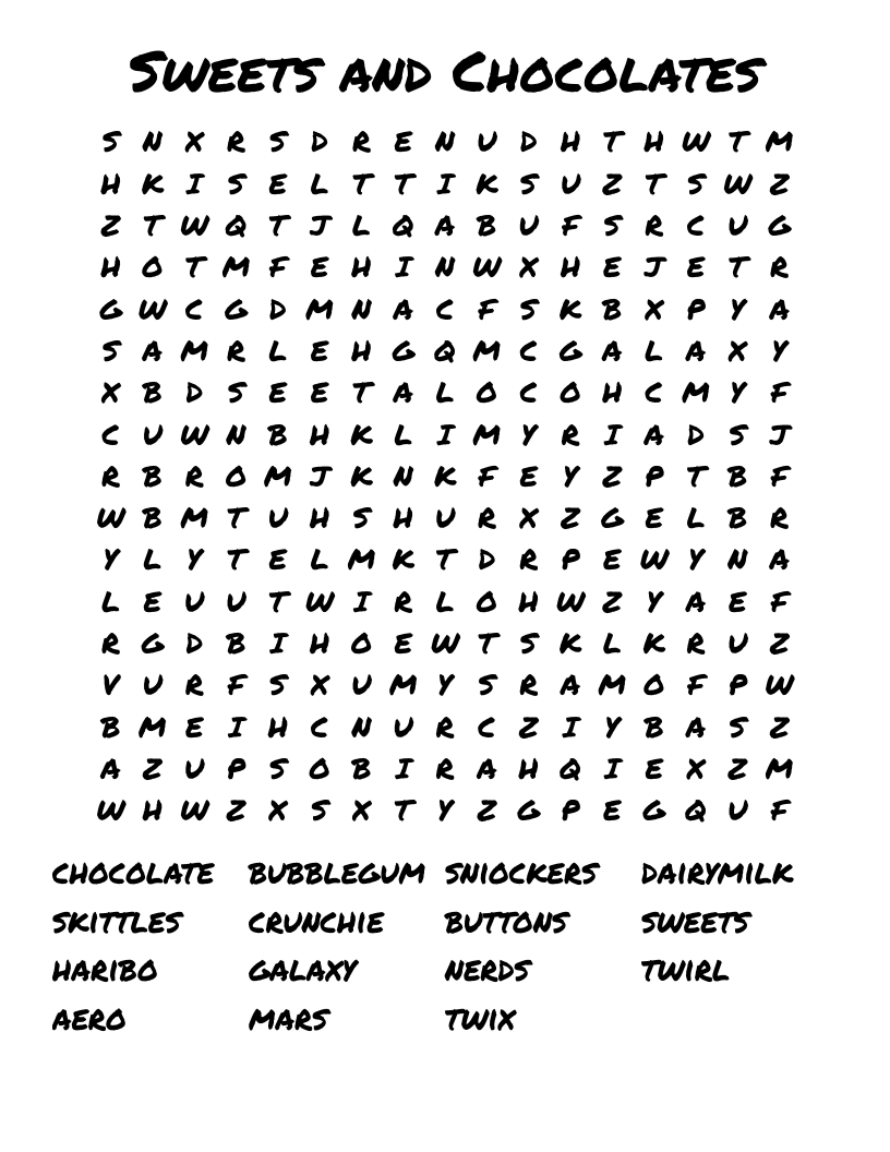 Chocolate Word Search Free Printable