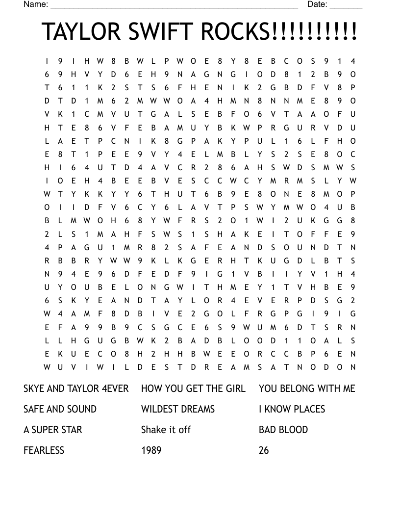 TAYLOR SWIFT ROCKS Word Search WordMint
