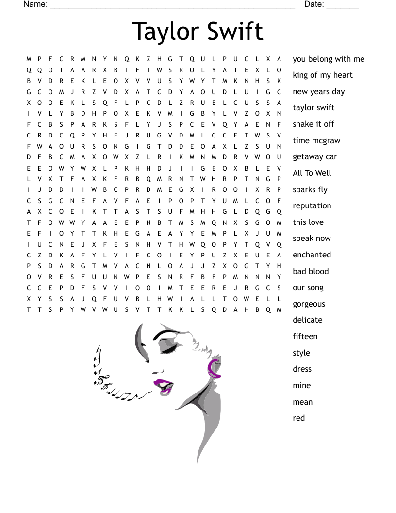 Taylor Swift Songs Word Search WordMint