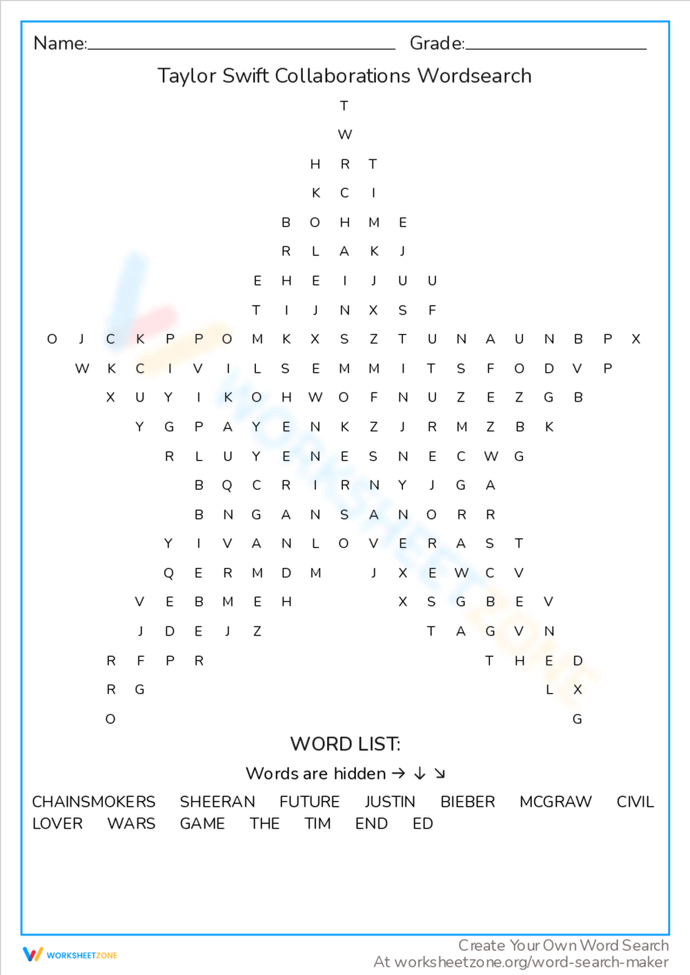 Taylor Swift Word Search