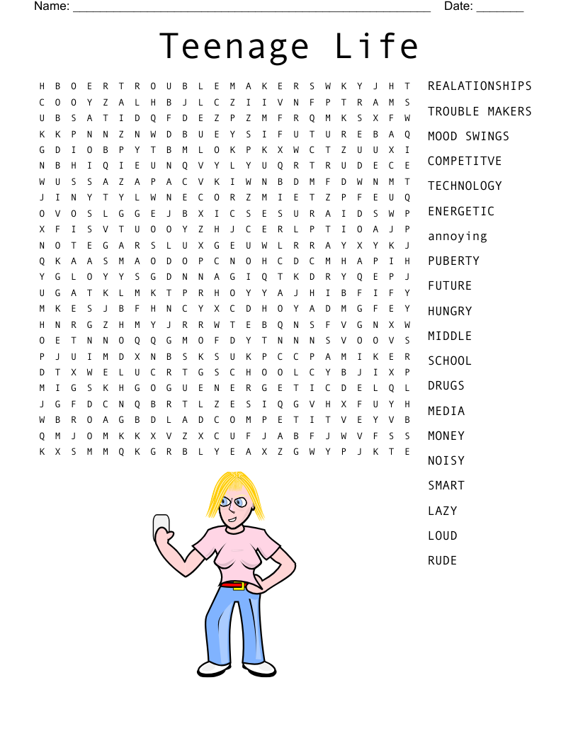 Teenage Life Word Search WordMint