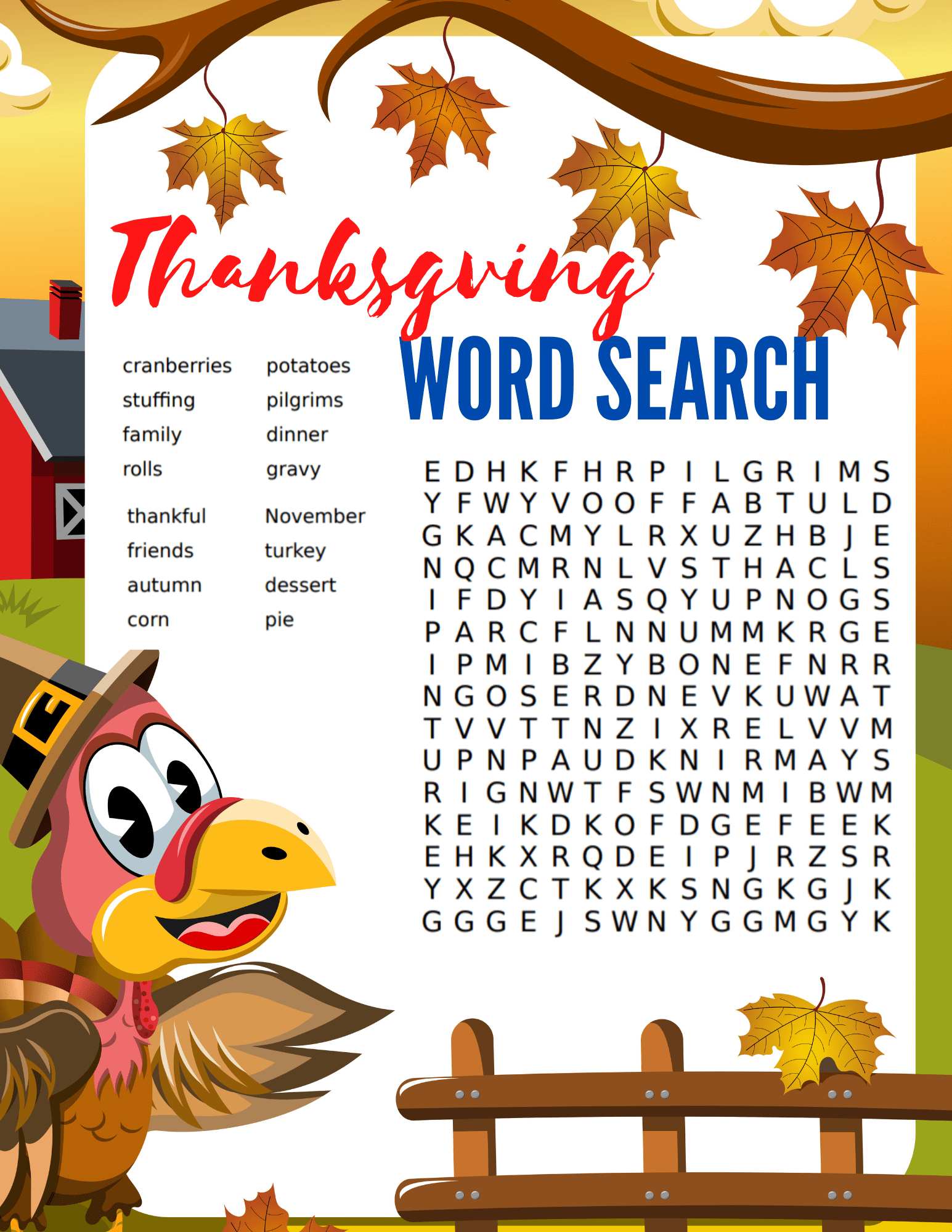 Thanksgiving Day Word Search Free Printable