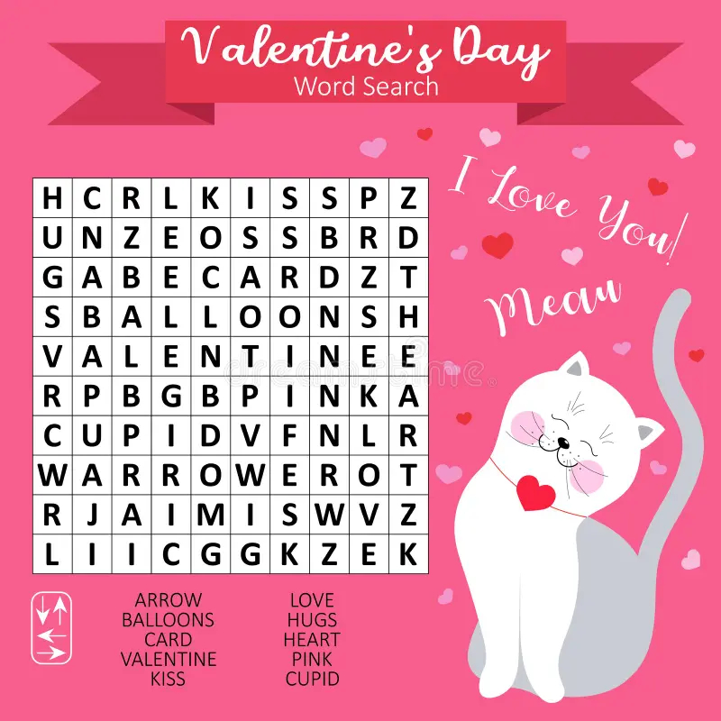 Valentine S Day Word Search Puzzle For Kids Educational Game For Learning English Printable Worksheet Stock Vector Illustration Of Crossword Cute 207630621