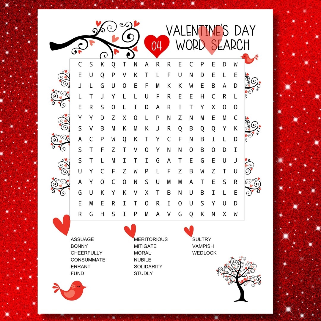 Valentine s Day Word Search Puzzles For Adults Word Search Galentine Gift Printable Valentine Game Valentine s Day Party Activity Etsy