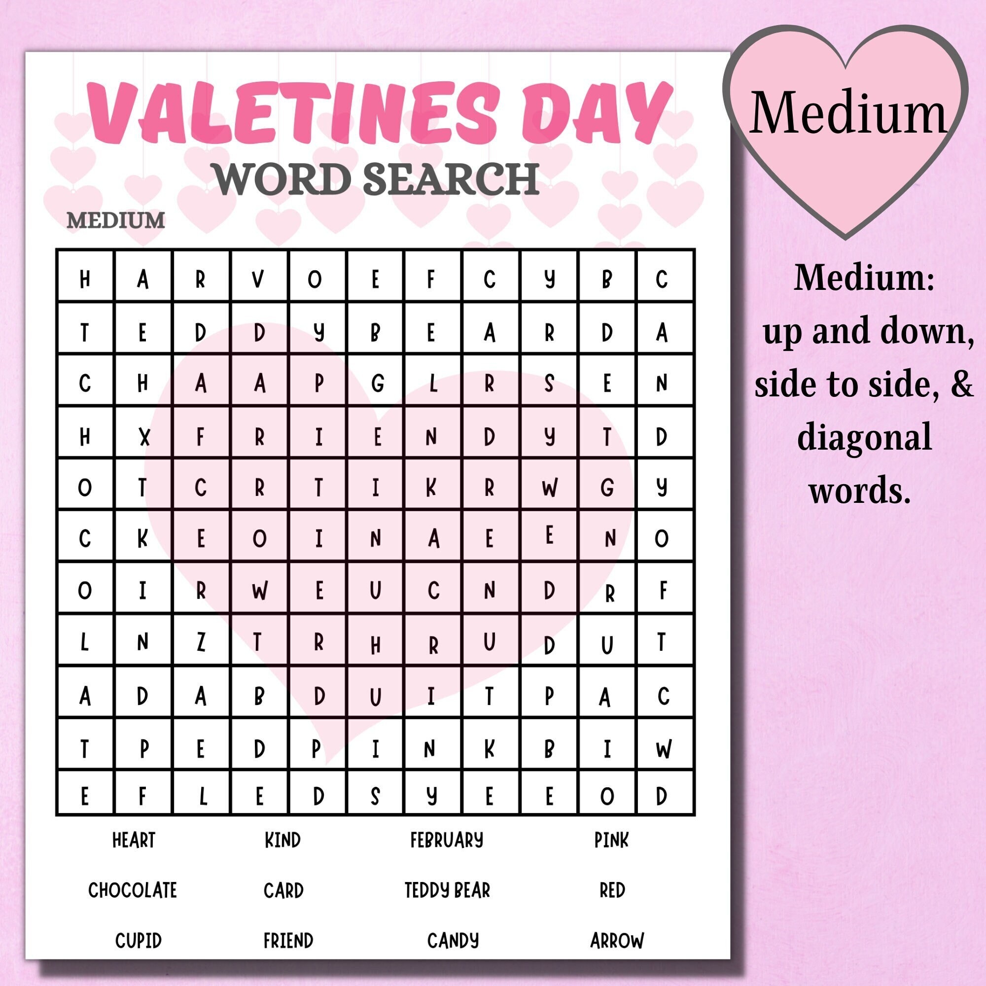 Valentines Day Word Search Medium Printable Kids Game Valentines Activities Printable Party Game Kids Printable Valentines Game Etsy