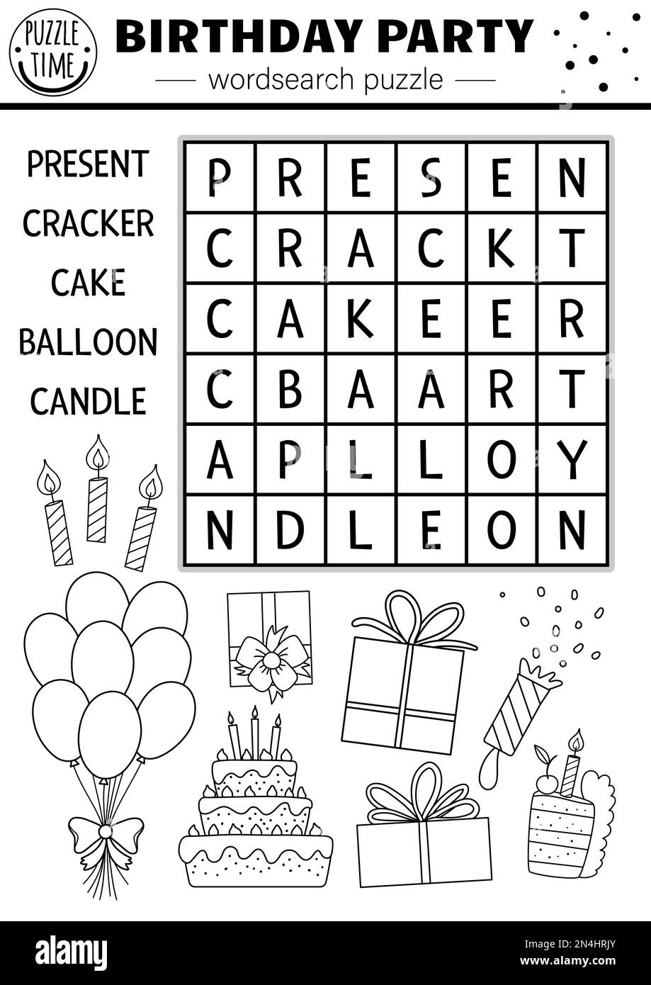 Vector Black And White Birthday Party Wordsearch Puzzle For Kids Simple Holiday Crossword With Present Cake Balloon Candle Educational Anniversar Stock Vector Image Art Alamy