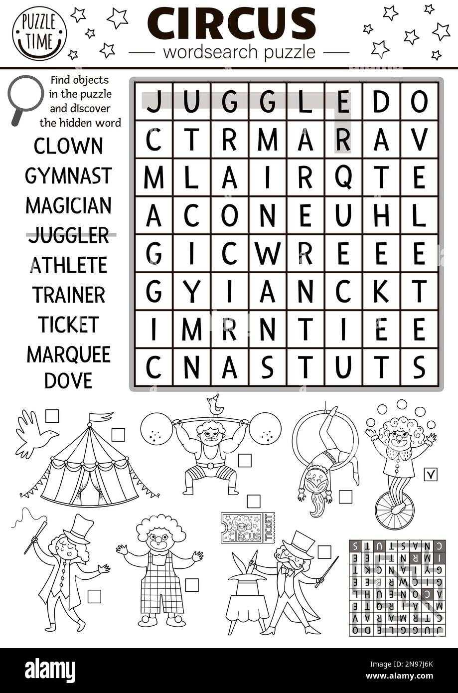 Vector Circus Wordsearch Puzzle For Kids Simple Black And White Amusement Crossword With Funny Performers For Children Line Activity With Clown Mar Stock Vector Image Art Alamy