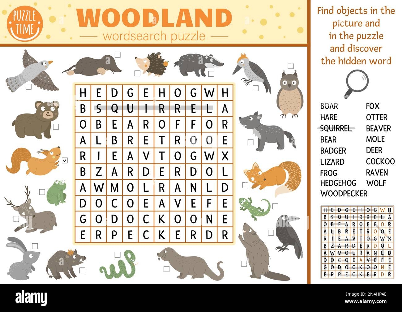 Vector Forest Animals And Birds Wordsearch Puzzle For Kids Simple Woodland Crossword With Fox Bear Owl Squirrel For Children Educational Keyword Stock Vector Image Art Alamy