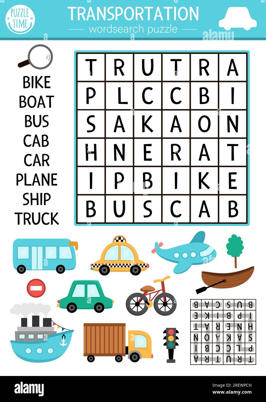 vector transportation wordsearch puzzle for kids simple word search quiz educational activity with plane ship car bus boat bike cab truck cr stock vector image art alamy