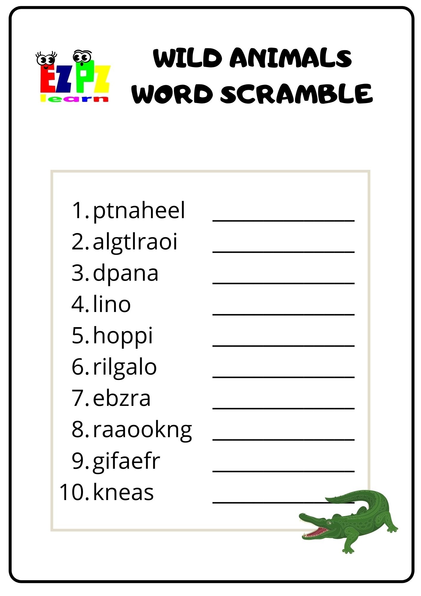 Wild Animal Word Search Printable