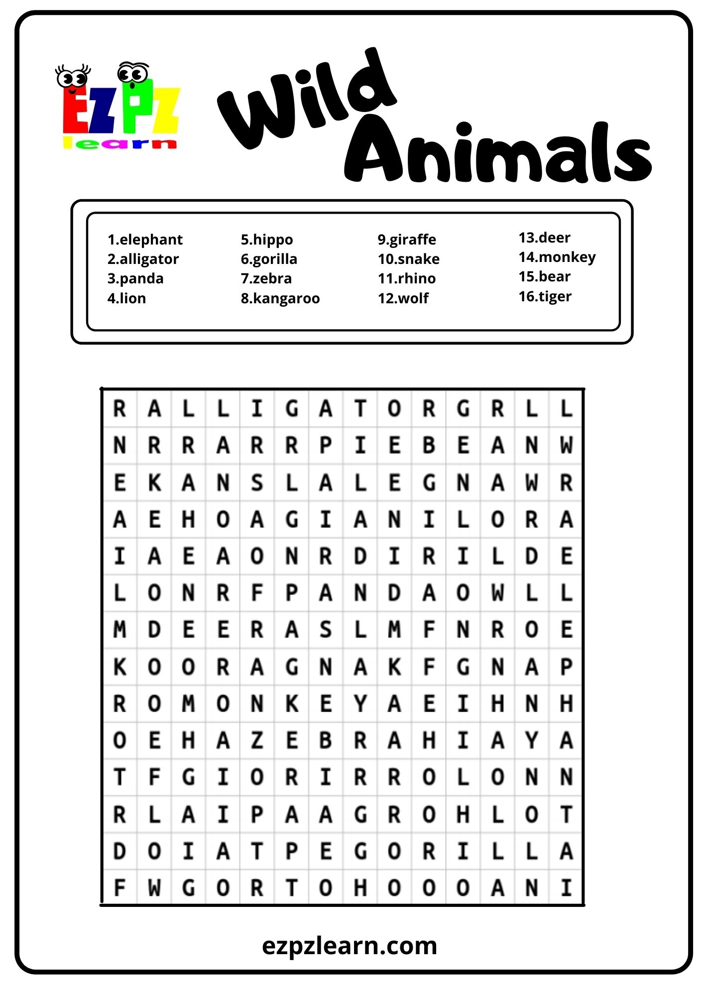 Printable Word Search Animals