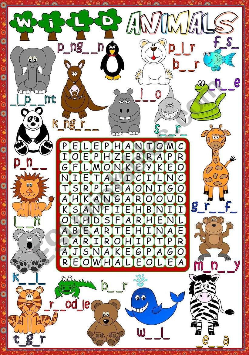 Wild Animals WORDSEARCH B W Included ESL Worksheet By Mada 1