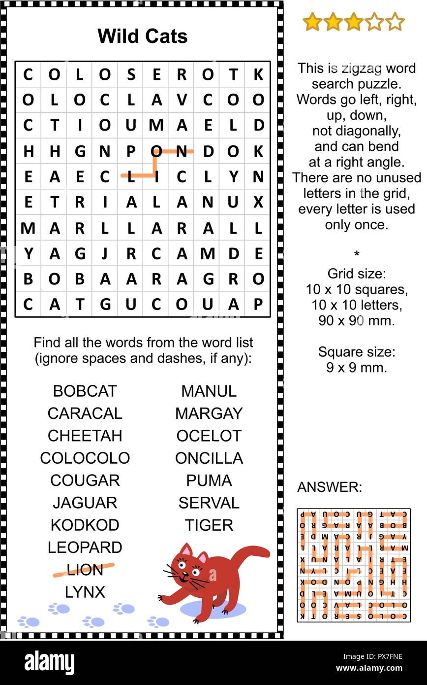 Wild Cats Themed Zigzag Word Search Puzzle suitable Both For Kids And Adults Answer Included Stock Vector Image Art Alamy
