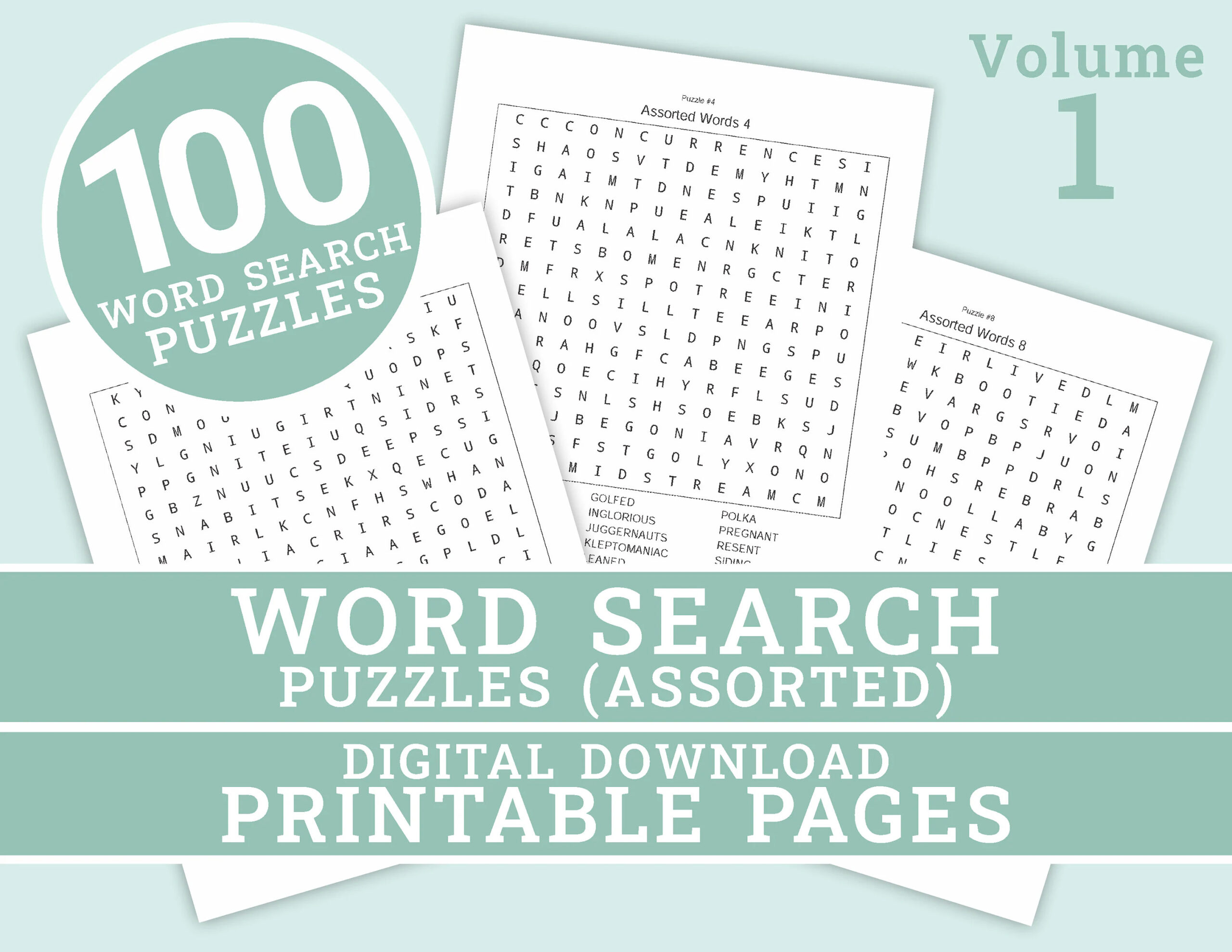 word search puzzle 100 printable puzzle pages for kids and adults includes solutions digital printable pages instant download pdf etsy