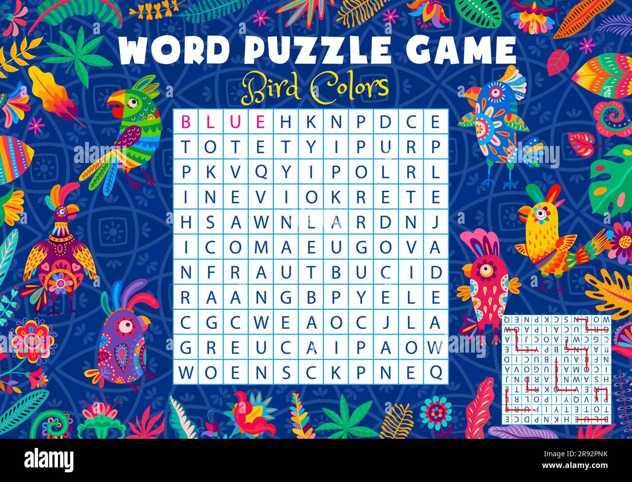 Word Search Puzzle Game With Colors Of Brazilian Parrots Vector Quiz Worksheet Tropical Jungle Parrot Birds In Colorful Flowers To Guess And Find The Color Words On Kids Word Search Puzzle Grid