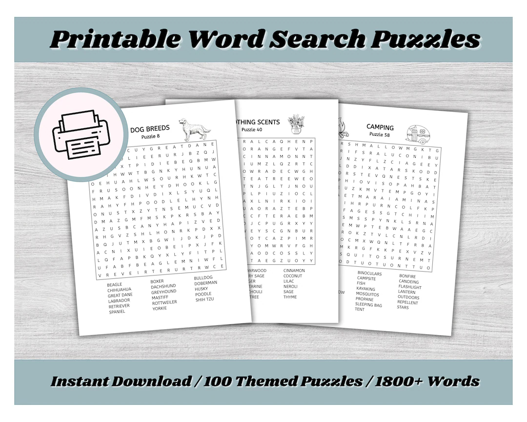 Word Search Puzzles 100 Themed Puzzles Instant Download Large Print High Resolution Kids Adults And Seniors Includes Solutions Etsy