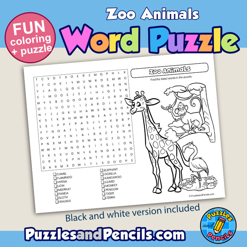 Zoo Animals Word Search Puzzle Activity Page And Coloring Wordsearch Made By Teachers